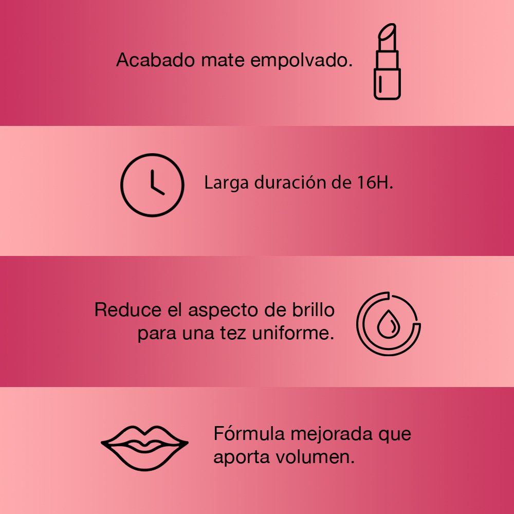 Acabado mate empolvado, larga duración de 16 horas, reduce el impacto de brillo para una tez uniforme. Fórmula mejorada que aporta volumen. Colombia.